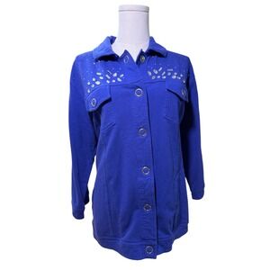 Ongue Casual Blue Rhinestone Studded Snap Front Jacket Women's 2X